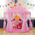 Princess Kids Play Tent House with LED Lights – Indoor Outdoor Children Playhouse Castle Tent with Curtains & Mat (Free 50 Shiny Balls)