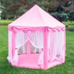 Princess Kids Play Tent House with LED Lights – Indoor Outdoor Children Playhouse Castle Tent with Curtains & Mat (Free 50 Shiny Balls) - Image 6