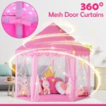 Princess Kids Play Tent House with LED Lights – Indoor Outdoor Children Playhouse Castle Tent with Curtains & Mat (Free 50 Shiny Balls) - Image 9